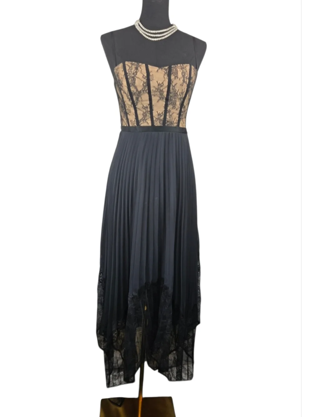 Black Lace-Trim Midi Dress with Handkerchief Hem - Picture 13 of 14